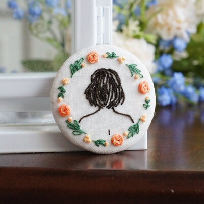 Embroidered Brooch Pins with Woman's Head and Wreath of Flowers